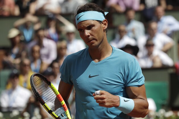 Spain's Rafael Nadal reacts after winning a point as he plays France's Richard Gasquet during their third round match of the French Open tennis tournament at the Roland Garros stadium, Saturday, June 2, 2018 in Paris. (AP Photo/Alessandra Tarantino)