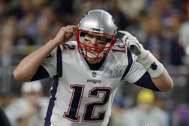 New England Patriots quarterback Tom Brady (12), calls a play during the first half of the NFL Super Bowl 52 football game against the Philadelphia Eagles, Sunday, Feb. 4, 2018, in Minneapolis. (AP Photo/Charlie Neibergall)