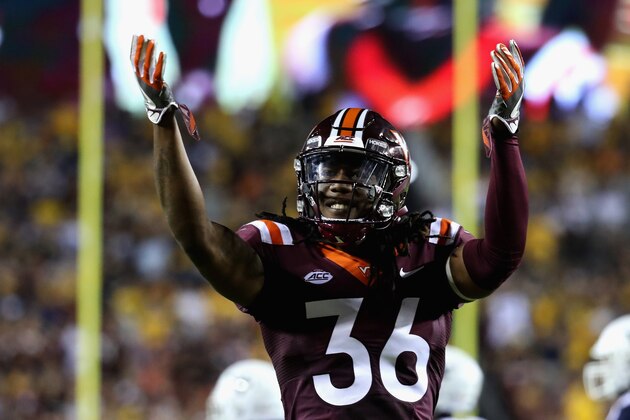 LANDOVER, MD - SEPTEMBER 03: Cornerback Adonis Alexander #36 of the Virginia Tech Hokies gestures to the crowd against the West Virginia Mountaineers at FedExField on September 3, 2017 in Landover, Maryland.  (Photo by Rob Carr/Getty Images)
