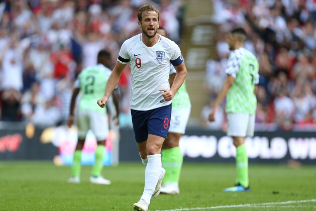 LONDON, ENGLAND - JUNE 02: Harry Kane of England celebrates after scoring a goal to make it 2-0 during the International Friendly between England and Nigeria at Wembley Stadium on June 2, 2018 in London, England. (Photo by James Baylis - AMA/Getty Images)