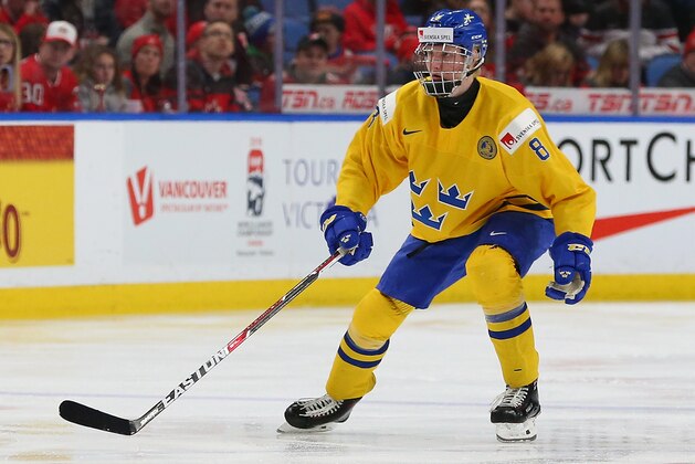 BUFFALO, NY - JANUARY 5: Rasmus Dahlin #8 of Sweden in play against Canada during the Gold medal game of the IIHF World Junior Championship at KeyBank Center on January 5, 2018 in Buffalo, New York. Canada beat Sweden 3-1. (Photo by Kevin Hoffman/Getty Images)