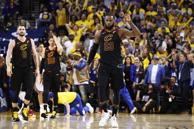OAKLAND, CA - MAY 31:  LeBron James #23 of the Cleveland Cavaliers reacts against the Golden State Warriors in Game 1 of the 2018 NBA Finals at ORACLE Arena on May 31, 2018 in Oakland, California. NOTE TO USER: User expressly acknowledges and agrees that, by downloading and or using this photograph, User is consenting to the terms and conditions of the Getty Images License Agreement.  (Photo by Ezra Shaw/Getty Images)