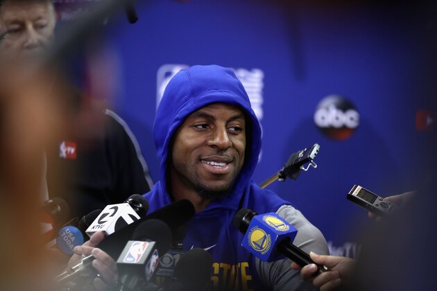 OAKLAND, CA - MAY 30:  Andre Iguodala #9 of the Golden State Warriors speaks to the media during the 2018 NBA Finals Media Day at ORACLE Arena on May 30, 2018 in Oakland, California. Game One between the Warriors and the Cleveland Cavaliers is tomorrow night. NOTE TO USER: User expressly acknowledges and agrees that, by downloading and or using this photograph, User is consenting to the terms and conditions of the Getty Images License Agreement.  (Photo by Ezra Shaw/Getty Images)