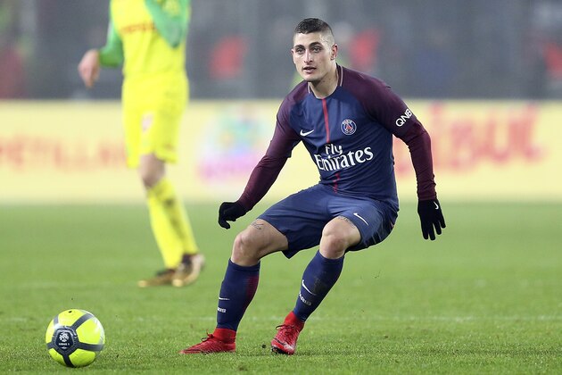PSG's Italian midfielder Marco Verratti controls the ball during his French League One soccer match against Nantes, in Nantes, western France, Sunday, Jan. 14, 2018. (AP Photo/David Vincent)
