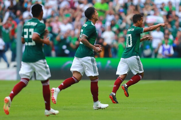 MEXICO CITY, MEXICO - JUNE 02: Giovani Dos Santos of Mexico celebrates after scoring the first goal of his team during the International Friendly match between Mexico v Scotland at Estadio Azteca on June 2, 2018 in Mexico City, Mexico. (Photo by Hector Vivas/Getty Images)