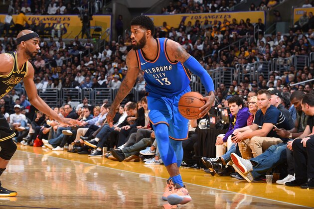LOS ANGELES, CA - FEBRUARY 8: Paul George #13 of the Oklahoma City Thunder handles the ball against the Los Angeles Lakers on February 8, 2018 at STAPLES Center in Los Angeles, California. NOTE TO USER: User expressly acknowledges and agrees that, by downloading and/or using this Photograph, user is consenting to the terms and conditions of the Getty Images License Agreement. Mandatory Copyright Notice: Copyright 2018 NBAE (Photo by Andrew D. Bernstein/NBAE via Getty Images)
