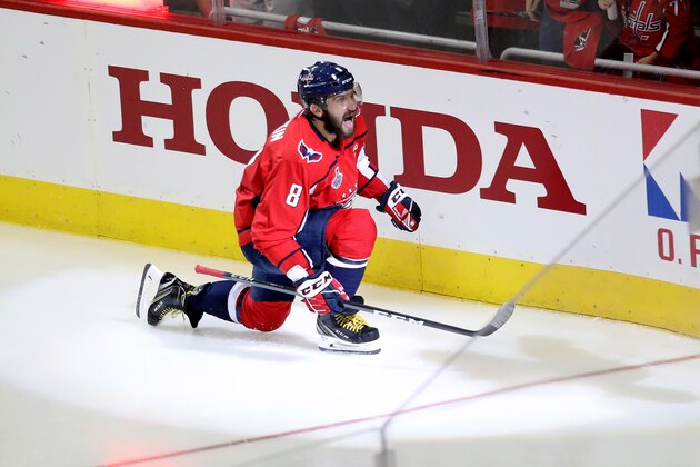 WASHINGTON, DC - JUNE 02:  Alex Ovechkin #8 of the Washington Capitals celebrates after scoring a goal on Marc-Andre Fleury #29 of the Vegas Golden Knights during the second period in Game Three of the 2018 NHL Stanley Cup Final at Capital One Arena on June 2, 2018 in Washington, DC.  (Photo by Rob Carr/Getty Images)