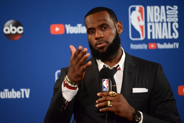 OAKLAND, CA - MAY 31:  LeBron James #23 of the Cleveland Cavaliers talks to the media after the game against the Golden State Warriors in Game One of the 2018 NBA Finals on May 31, 2018 at ORACLE Arena in Oakland, California. NOTE TO USER: User expressly acknowledges and agrees that, by downloading and or using this photograph, user is consenting to the terms and conditions of Getty Images License Agreement. Mandatory Copyright Notice: Copyright 2018 NBAE (Photo by Noah Graham/NBAE via Getty Images)