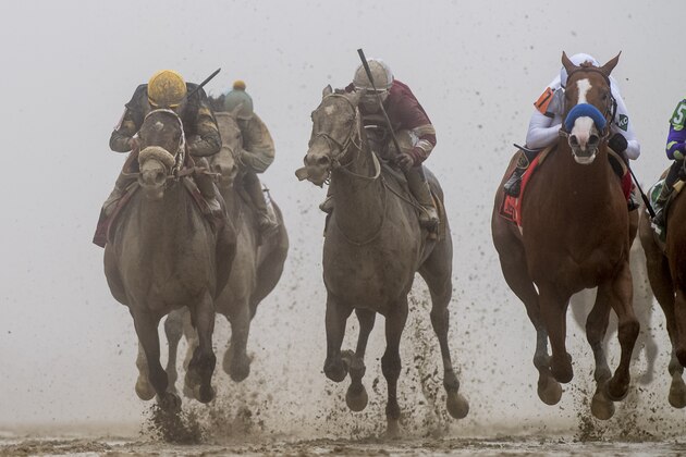 BALTIMORE, MD - MAY 19: Justify, #7, ridden by jockey Mike Smith, wins the 143rd running of the Preakness Stakes at Pimlico Race Course on May 19, 2018 in Baltimore, Maryland (Photo by Alex Evers/Eclipse Sportswire/Getty Images)