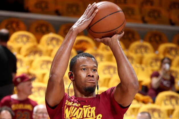 CLEVELAND, OH - MAY 19:  Rodney Hood #1 of the Cleveland Cavaliers warms up before the game against the Boston Celtics in Game Three of the Eastern Conference Finals of the 2018 NBA Playoffs on May 19, 2018 at Quicken Loans Arena in Cleveland, Ohio. NOTE TO USER: User expressly acknowledges and agrees that, by downloading and or using this photograph, user is consenting to the terms and conditions of Getty Images License Agreement. Mandatory Copyright Notice: Copyright 2018 NBAE (Photo by Nathaniel S. Butler/NBAE via Getty Images)