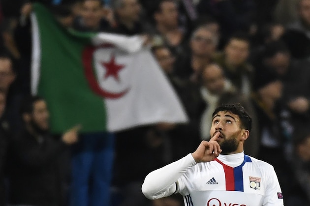 Lyon's French midfielder Nabil Fekir reacts after scoring during the Europa League round of 16 first leg football match between Lyon (OL) and AS Roma on March 9, 2017, at the Parc Olympique Lyonnais stadium in Decines-Charpieu, near Lyon, southeastern France. / AFP PHOTO / PHILIPPE DESMAZES        (Photo credit should read PHILIPPE DESMAZES/AFP/Getty Images)