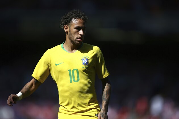 Brazil's Neymar during the friendly soccer match between Brazil and Croatia at Anfield Stadium in Liverpool, England, Sunday, June 3, 2018. (AP Photo/Dave Thompson)