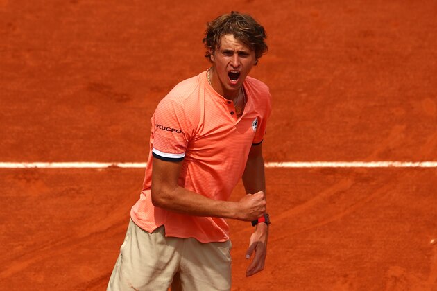 PARIS, FRANCE - JUNE 03:  Alexander Zverev of Germany celebrates victory during the mens singles fourth round match against Karen Khachanov of Russia during day eight of the 2018 French Open at Roland Garros on June 3, 2018 in Paris, France.  (Photo by Cameron Spencer/Getty Images)