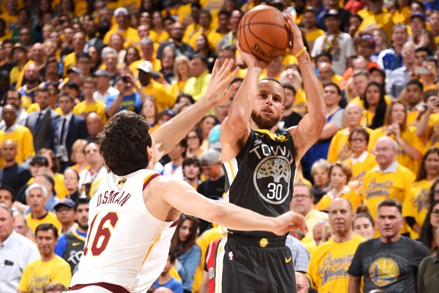 OAKLAND, CA - June 3: Stephen Curry #30 of the Golden State Warriors scores his 9th three point basket setting a NBA Finals record during the game against the Cleveland Cavaliersin Game Two of the 2018 NBA Finals on June 3, 2018 at ORACLE Arena in Oakland, California. NOTE TO USER: User expressly acknowledges and agrees that, by downloading and/or using this photograph, user is consenting to the terms and conditions of the Getty Images License Agreement. Mandatory Copyright Notice: Copyright 2018 NBAE (Photo by Andrew D. Bernstein/NBAE via Getty Images)