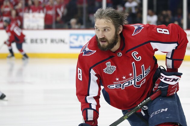 Washington Capitals forward Alex Ovechkin, of Russia, warms up before Game 3 of the team's NHL hockey Stanley Cup Final against the Vegas Golden Knights, Saturday, June 2, 2018, in Washington. (AP Photo/Alex Brandon)