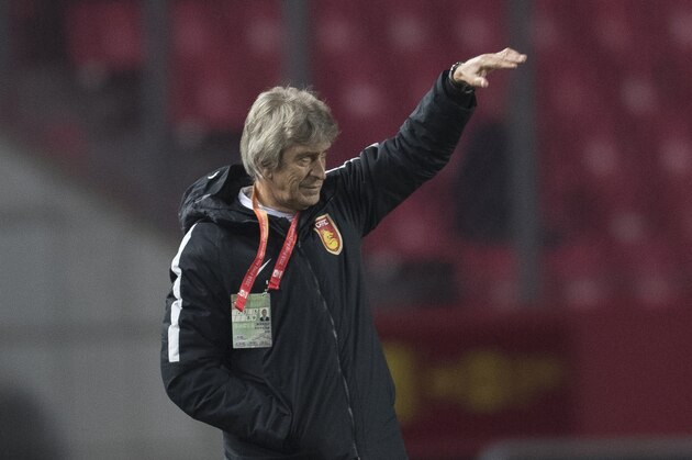 LANGFANG, CHINA - APRIL 07:  Manuel Pellegrini of Hebei China Fortune looks on piror to the 2018 Chinese Super League match between Hebei China Fortune and Changchun Yatai at Langfang Sports Center on April 7, 2018 in Langfang, China.  (Photo by XIN LI/Getty Images)