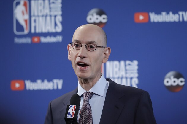NBA Commissioner Adam Silver speaks at a news conference before Game 1 of basketball's NBA Finals between the Golden State Warriors and the Cleveland Cavaliers in Oakland, Calif., Thursday, May 31, 2018. (AP Photo/Jeff Chiu)
