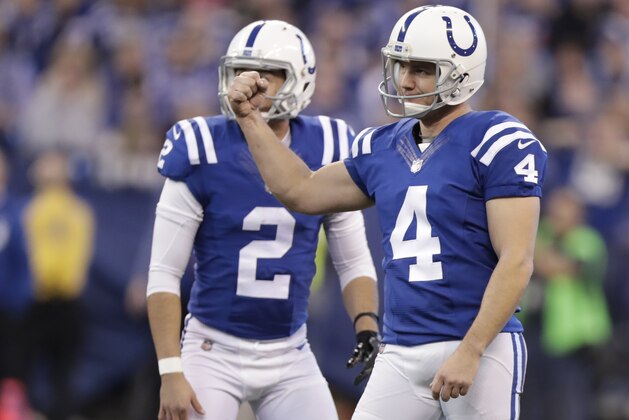 Indianapolis Colts kicker Adam Vinatieri (4) reacts after kicking a 54-yard field goal out of the hold of Rigoberto Sanchez (2) during the second half of an NFL football game against the Houston Texans, Sunday, Dec. 31, 2017, in Indianapolis. (AP Photo/Michael Conroy)