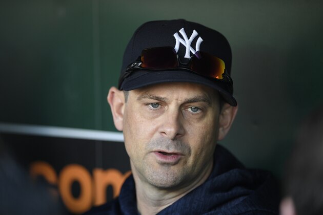 New York Yankees manager Aaron Boone talks to reporters before a baseball game against the Baltimore Orioles, Friday, June 1, 2018, in Baltimore. (AP Photo/Nick Wass)