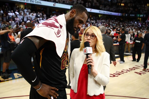 CLEVELAND, OH - MAY 25: LeBron James #23 of the Cleveland Cavaliers speaks to TV personality Doris Burke after defeating the Boston Celtics during Game Six of the 2018 NBA Eastern Conference Finals at Quicken Loans Arena on May 25, 2018 in Cleveland, Ohio. NOTE TO USER: User expressly acknowledges and agrees that, by downloading and or using this photograph, User is consenting to the terms and conditions of the Getty Images License Agreement.  (Photo by Gregory Shamus/Getty Images)