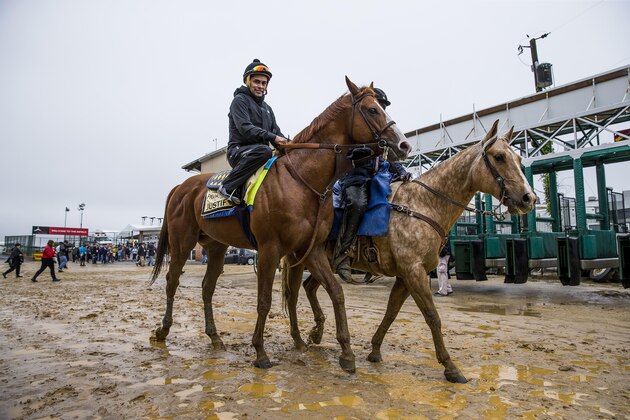 BALTIMORE, MD - MAY 17:  Justify with Humberto Gomez up if accompanied off the track by assistant trainer Jimmy Barnes at Pimlico Racecourse on May 17, 2018 in Baltimore, Maryland. (Photo by Alex Evers/Eclipse Sportswire/Getty Images)