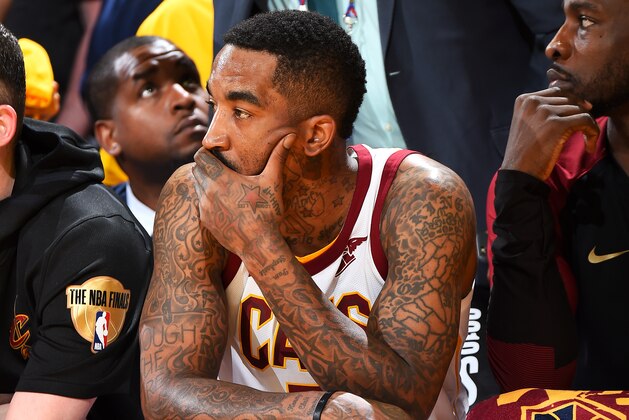 OAKLAND, CA - June 3: JR Smith #5 of the Cleveland Cavaliers looks on in Game Two of the 2018 NBA Finals on June 3, 2018 at ORACLE Arena in Oakland, California. NOTE TO USER: User expressly acknowledges and agrees that, by downloading and/or using this photograph, user is consenting to the terms and conditions of the Getty Images License Agreement. Mandatory Copyright Notice: Copyright 2018 NBAE (Photo by Andrew D. Bernstein/NBAE via Getty Images)