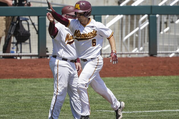 Minnesota's Terrin Vavra (6) rounds the bases after hitting a solo home run against Purdue during the third inning of the NCAA Big Ten baseball championship game in Omaha, Neb., Sunday, May 27, 2018. (AP Photo/Nati Harnik)