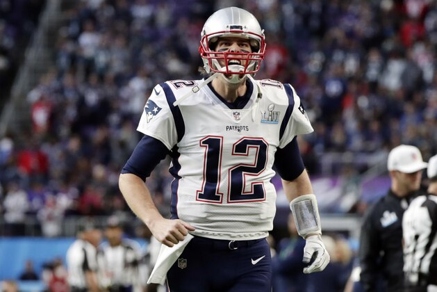 New England Patriots quarterback Tom Brady (12), runs to the field to warmup before the NFL Super Bowl 52 football game against the Philadelphia Eagles, Sunday, Feb. 4, 2018, in Minneapolis. (AP Photo/Frank Franklin II) New England Patriots quarterback Tom Brady (12), runs to the field to warmup before the NFL Super Bowl 52 football game against the Philadelphia Eagles, Sunday, Feb. 4, 2018, in Minneapolis. (AP Photo/Frank Franklin II)