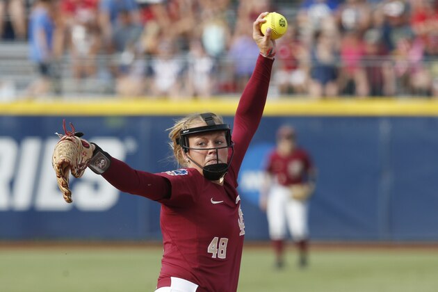 Florida State starting pitcher Meghan King throws in the first inning of the first softball game of the best-of-three championship series against Washington in the NCAA Women's College World Series in Oklahoma City, Monday, June 4, 2018. (AP Photo/Sue Ogrocki)