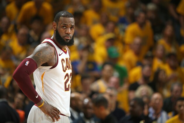 OAKLAND, CA - JUNE 3:  LeBron James #23 of the Cleveland Cavaliers looks on against the Golden State Warriors in Game Two of the 2018 NBA Finals on June 3, 2018 at ORACLE Arena in Oakland, California. NOTE TO USER: User expressly acknowledges and agrees that, by downloading and/or using this photograph, user is consenting to the terms and conditions of Getty Images License Agreement. Mandatory Copyright Notice: Copyright 2018 NBAE (Photo by Nathaniel S. Butler/NBAE via Getty Images)