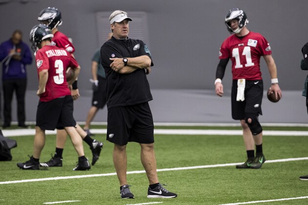 Philadelphia Eagles head coach Doug Pederson watches during practice at NFL football training camp, Tuesday, May 22, 2018, in Philadelphia. (AP Photo/Chris Szagola)