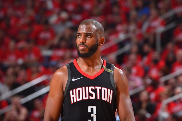 HOUSTON, TX - MAY 24: Chris Paul #3 of the Houston Rockets looks on in Game Five of the Western Conference Finals against the Golden State Warriors during the 2018 NBA Playoffs on May 24, 2018 at the Toyota Center in Houston, Texas. NOTE TO USER: User expressly acknowledges and agrees that, by downloading and or using this photograph, User is consenting to the terms and conditions of the Getty Images License Agreement. Mandatory Copyright Notice: Copyright 2018 NBAE (Photo by Jesse D. Garrabrant/NBAE via Getty Images)