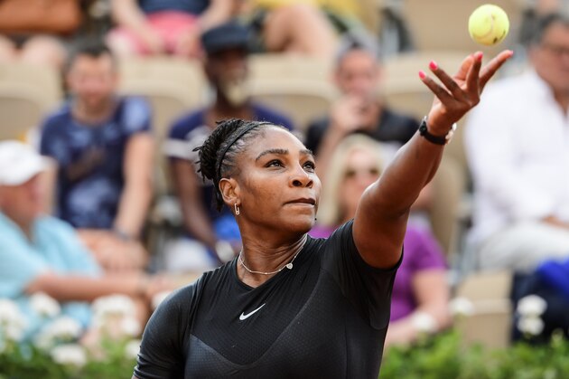 PARIS, FRANCE - JUNE 02: Serena Williams of the United States serves to Julia Goerges of Germany in the third round of the women's singles during the French Open at Roland Garros on June 2, 2018 in Paris, France. (Photo by Mike Frey/Getty Images)