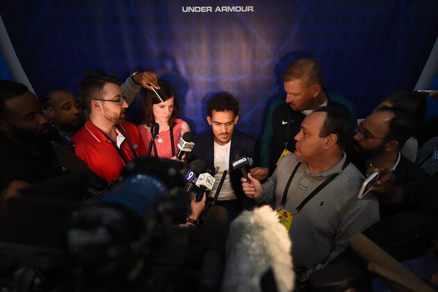CHICAGO, IL - MAY 18:  Trae Young speaks with reporters during Day Two of the NBA Draft Combine at Quest MultiSport Complex on May 18, 2018 in Chicago, Illinois.  NOTE TO USER: User expressly acknowledges and agrees that, by downloading and or using this photograph, User is consenting to the terms and conditions of the Getty Images License Agreement.  (Photo by Stacy Revere/Getty Images)