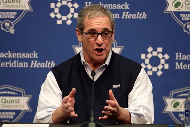 FILE - In this April 19, 2018, file photo, New York Giants Dave Gettleman speaks to reporters during a press conference in East Rutherford, N.J. If the new general manager is convinced there is a guy who can lead to the team to a couple of Super Bowls _ and the Cleveland Browns haven’t taken him _ the Giants grab a quarterback.  It’s that simple when you are coming off a 3-13 season and Eli Manning is 37 years old. (AP Photo/Julio Cortez, File)