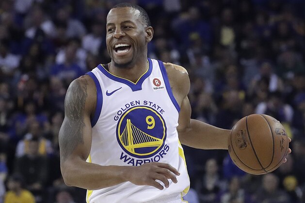 Golden State Warriors forward Andre Iguodala during the first half of an NBA basketball game against the Brooklyn Nets in Oakland, Calif., Tuesday, March 6, 2018. (AP Photo/Jeff Chiu)