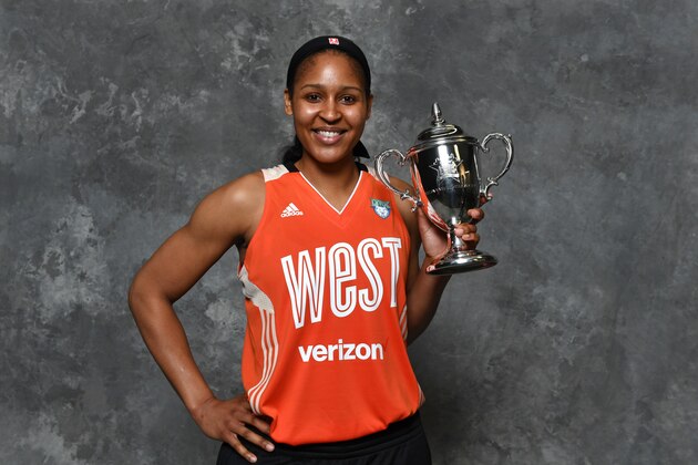 SEATTLE, WA - JULY 22:  Maya Moore of the Minnesota Lynx and the Western Conference All-Star poses with the MVP trophy after the Verizon WNBA All-Star Game 2017 at KeyArena on July 22, 2017 in Seattle, Washington.  NOTE TO USER: User expressly acknowledges and agrees that, by downloading and or using this photograph, User is consenting to the terms and conditions of the Getty Images License Agreement. (Photo by Garrett Ellwood/Getty Images)