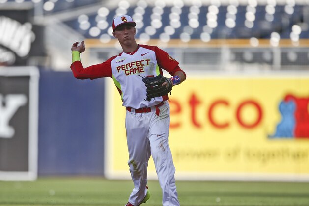 Kody Clemens, from Memorial High School, in Houston Texas, during a high school all-star baseball game Sunday, Aug. 10, 2014, in San Diego. (AP Photo/Lenny Ignelzi)