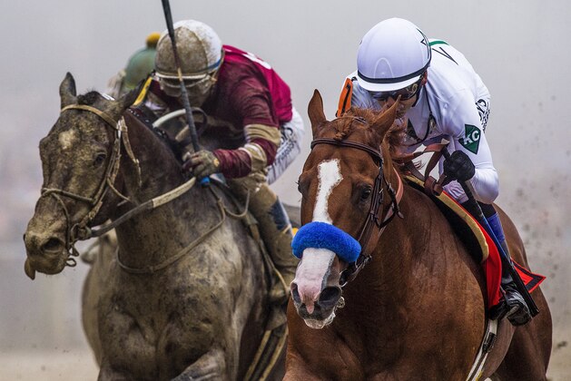 BALTIMORE, MD - MAY 19: Justify #7 with Mike Smith defeats Tenforld #6 to win the 143rd Preakness Stakes at Pimlico Racecourse on May 19, 2018 in Baltimore, Maryland. (Photo by Alex Evers/Eclipse Sportswire/Getty Images)