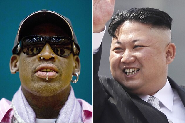 This combination of file photos shows former NBA basketball star Dennis Rodman in Pyongyang, North Korea on Dec. 20, 2013, left, and North Korean leader Kim Jong Un in Pyongyang on April 15, 2017. North Korea on Tuesday, June 13, 2017, is expecting another visit by Rodman, who has made several trips to the country but has been criticized for insensitive comments and for regaling leader Kim Jong Un with