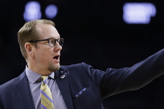 Toronto Raptors assistant coach Nick Nurse is seen during the first half of an NBA basketball game against the Detroit Pistons, Sunday, Feb. 28, 2016, in Auburn Hills, Mich. (AP Photo/Carlos Osorio)