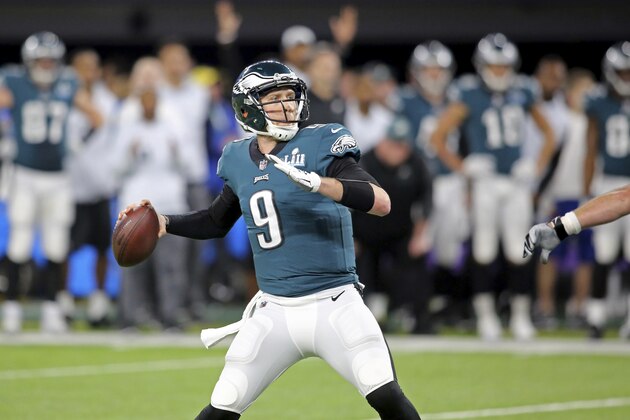 Philadelphia Eagles quarterback Nick Foles in action against the New England Patriots at Super Bowl 52 on Sunday, February 4, 2018 in Minneapolis. Philadelphia won the game 41-33.(AP Photo/Gregory Payan)