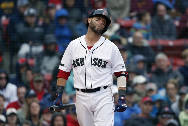Boston Red Sox's Dustin Pedroia reacts after being called out on strikes during the eighth inning of an interleague baseball game against the Atlanta Braves, Sunday, May 27, 2018, in Boston. (AP Photo/Michael Dwyer)
