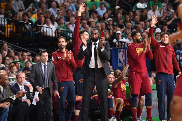 BOSTON, MA - MAY 15: Kendrick Perkins #21 of the Cleveland Cavaliers cheers during the game against the Boston Celtics in Game Two of the Eastern Conference Finals during the 2018 NBA Playoffs on May 15, 2018 at the TD Garden in Boston, Massachusetts. NOTE TO USER: User expressly acknowledges and agrees that, by downloading and/or using this photograph, user is consenting to the terms and conditions of the Getty Images License Agreement. Mandatory Copyright Notice: Copyright 2018 NBAE (Photo by Brian Babineau/NBAE via Getty Images)