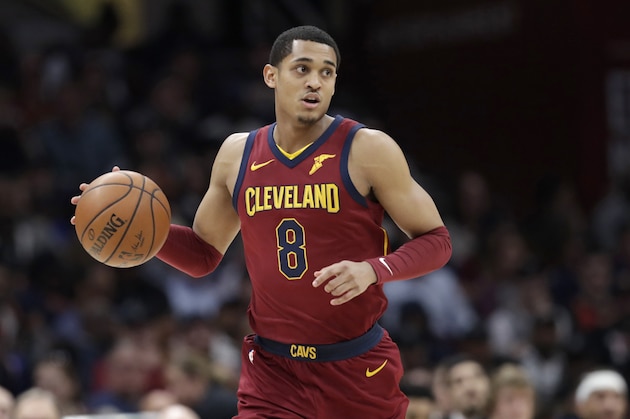 Cleveland Cavaliers' Jordan Clarkson drives in the first half of an NBA basketball game against the New York Knicks, Wednesday, April 11, 2018, in Cleveland. (AP Photo/Tony Dejak)