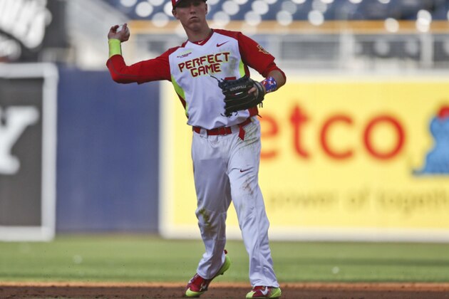 Kody Clemens, from Memorial High School, in Houston Texas, during a high school all-star baseball game Sunday, Aug. 10, 2014, in San Diego. (AP Photo/Lenny Ignelzi)