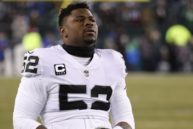 Oakland Raiders' Khalil Mack looks on during an NFL football game against the Philadelphia Eagles, Monday, Dec. 25, 2017, in Philadelphia. Philadelphia won 19-10. (AP Photo/Chris Szagola)
