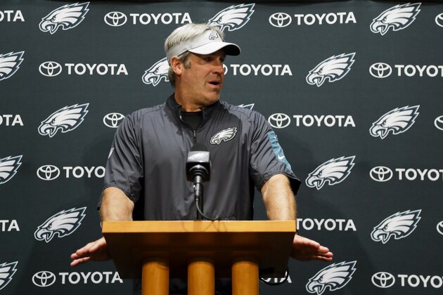 Philadelphia Eagles head coach Doug Pederson speaks to the media before practice at the NFL football team's facility, Wednesday, June 6, 2018, in Philadelphia. (AP Photo/Matt Slocum)
