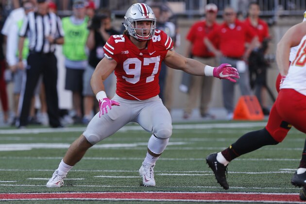 Ohio State defensive end Nick Bosa plays against Maryland during an NCAA college football game Saturday, Oct. 7, 2017, in Columbus, Ohio. (AP Photo/Jay LaPrete)