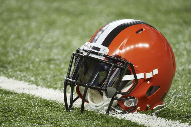 Cleveland Browns helmet on the field prior to an NFL football game against the Detroit Lions, Sunday, Nov. 12, 2017, in Detroit. (AP Photo/Rick Osentoski)